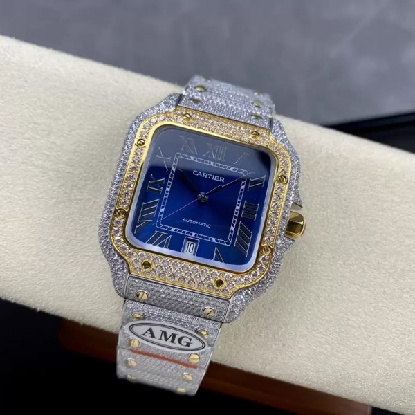 AMG공장 까르띠에 산토스 버스트다운 블루 다이얼 로즈골드 콤비 40mm
