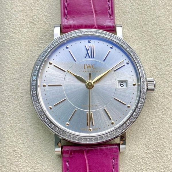 V7공장 IWC 포르토피노 레이디 다이아베젤 실버 그레이 다이얼 레더 스트랩 37mm IW458112