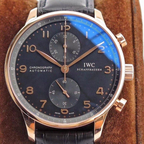 ZF공장 IWC 포르투기저 크로노그래프 로즈골드 블랙 다이얼 레더 스트랩 41mm IW371482