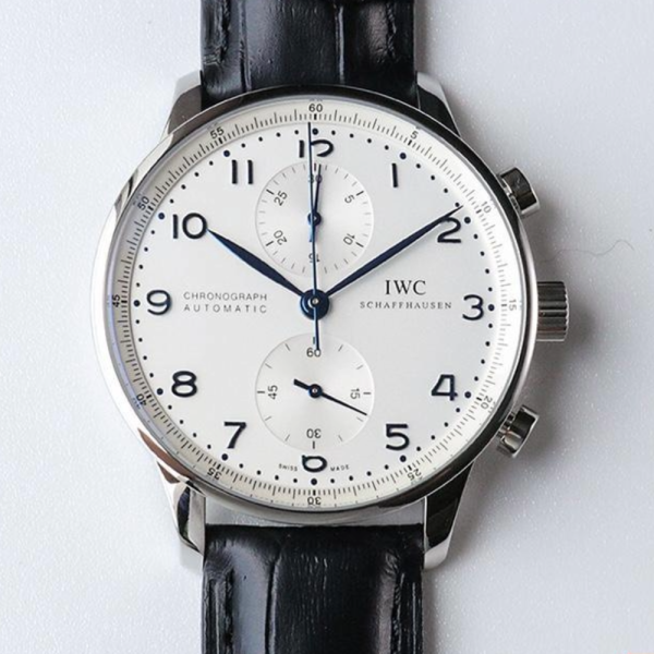ZF공장 IWC 포르투기저 크로노그래프 블루 핸드 화이트골드 화이트 다이얼 레더 스트랩 41mm IW371446