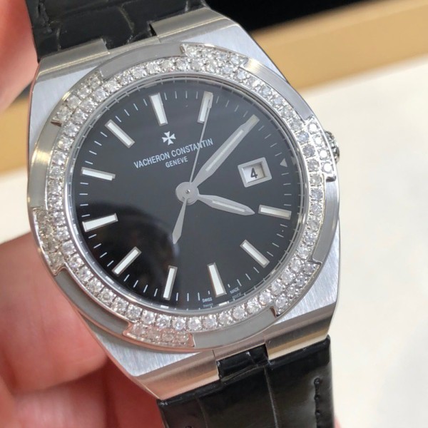 VC공장 바쉐론 콘스탄틴 오버시즈 레이디 다이아베젤 블랙 다이얼 레더 스트랩 33mm 1205V/100A-B591