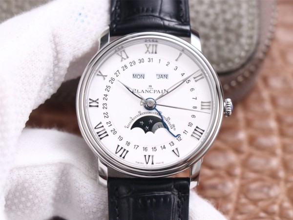 OM공장 블랑팡 클래식 빌레레 문페이즈 화이트 다일얼 화이트골드 레더 스트랩 40mm V3버전 6654-1127-55B