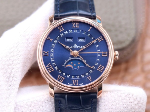 OM공장 블랑팡 클래식 빌레레 문페이즈 블루 다이얼 화이트골드 레더 스트랩 40mm V3버전 6654-3640-55