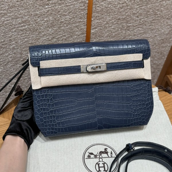 올수공 에르메스 켈리 데페슈 25 Blue indigo 악어 가죽 실버 하드웨어